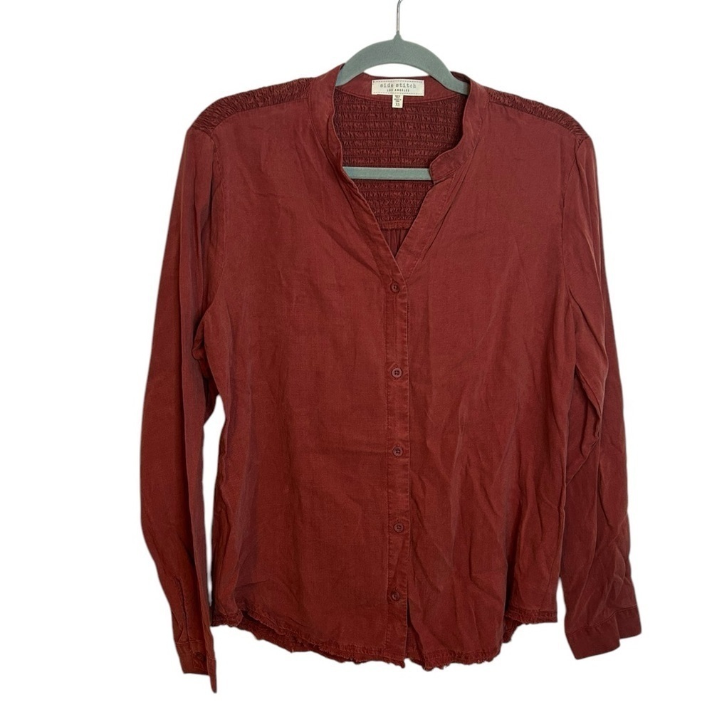 Side Stitch Burnt Orange Raw Hem Button-Up Smocked Shirt
